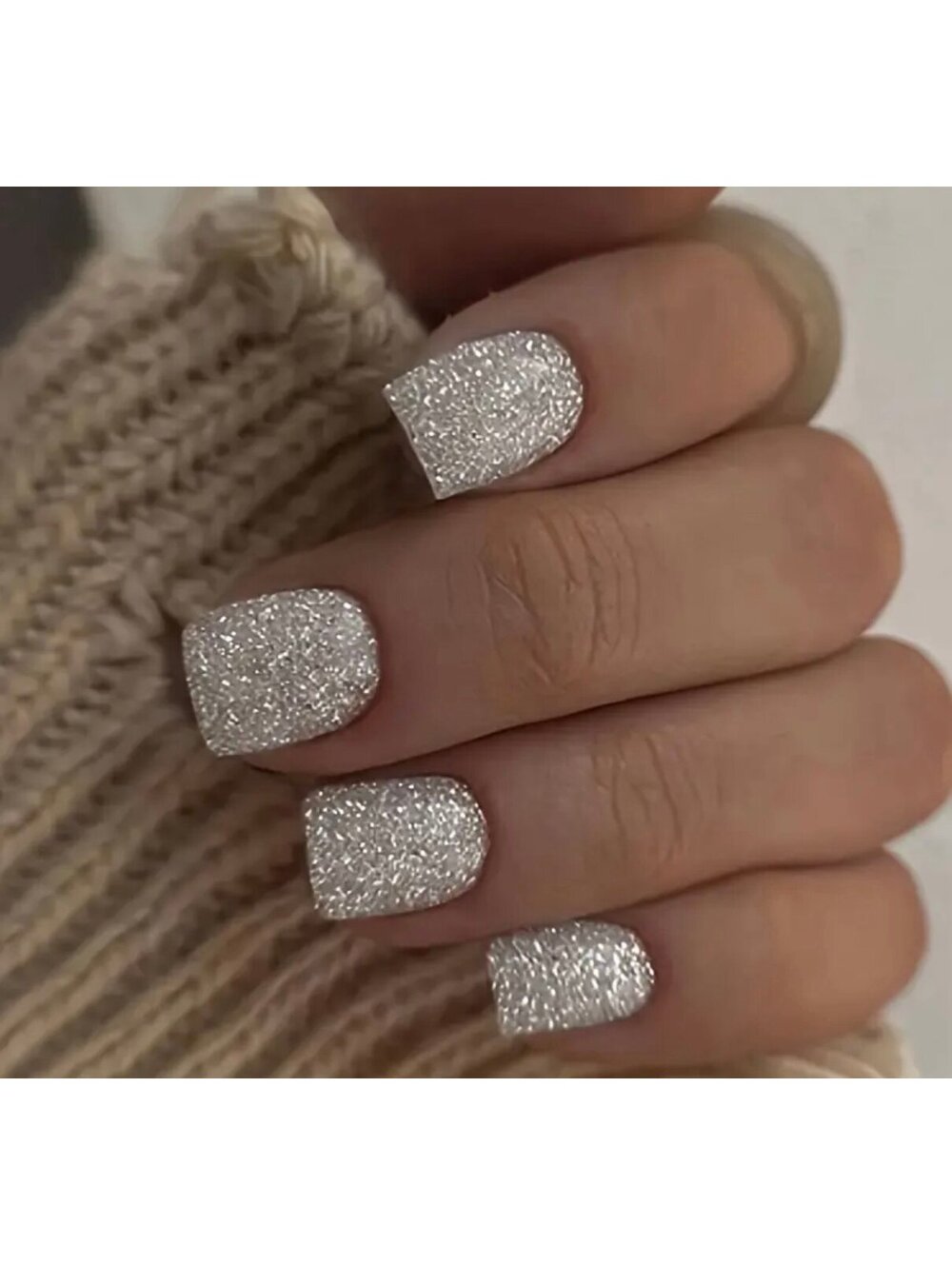New - 24pcs - Short Square Silver Sparkling Glitter - Press-On-Nails